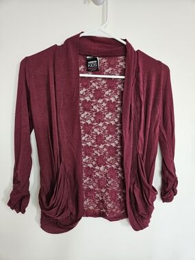 Urban Kids Girls Burgundy Open Front Cardigan Lace Back Ruched Sleeve 7/8🩷